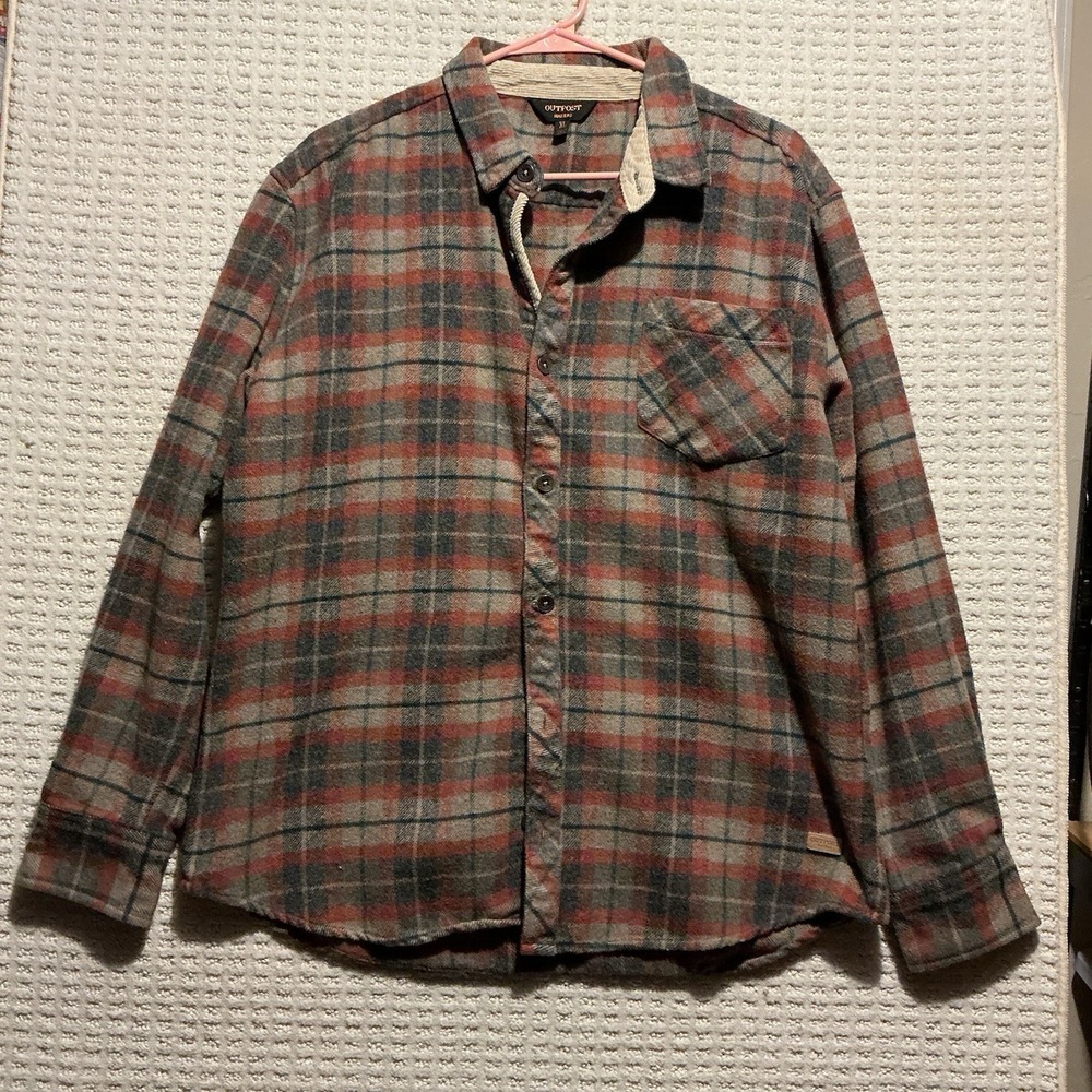 Outpost‎ Makers XL Cotton/Wool Blend Men's Plaid Flannel Shirt Gray Blue Blanket